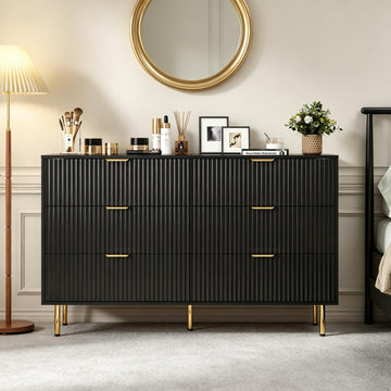 Black Fluted 6 Drawers Dresser, Chest of Drawers Gold Handle