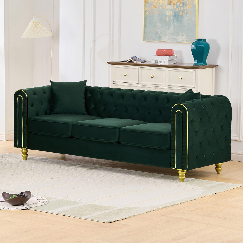 Chesterfield Button Tufted Sofa, Modern 3 Deep Seater Couch, Upholstered Comfy Sofa with 2 Pillows, Green