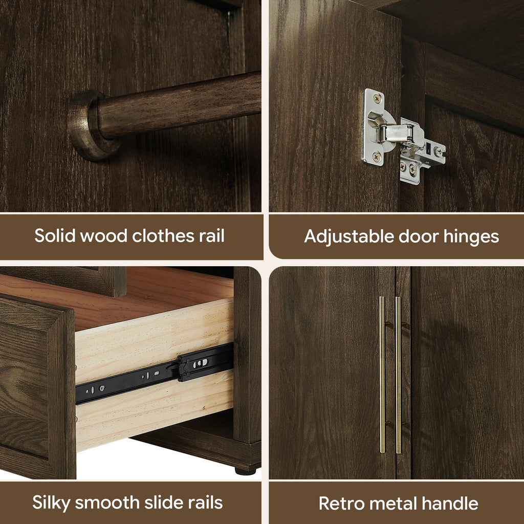 Solid Wood Armoire Wardrobe with Drawers, Storage Cabinet with Arched Doors