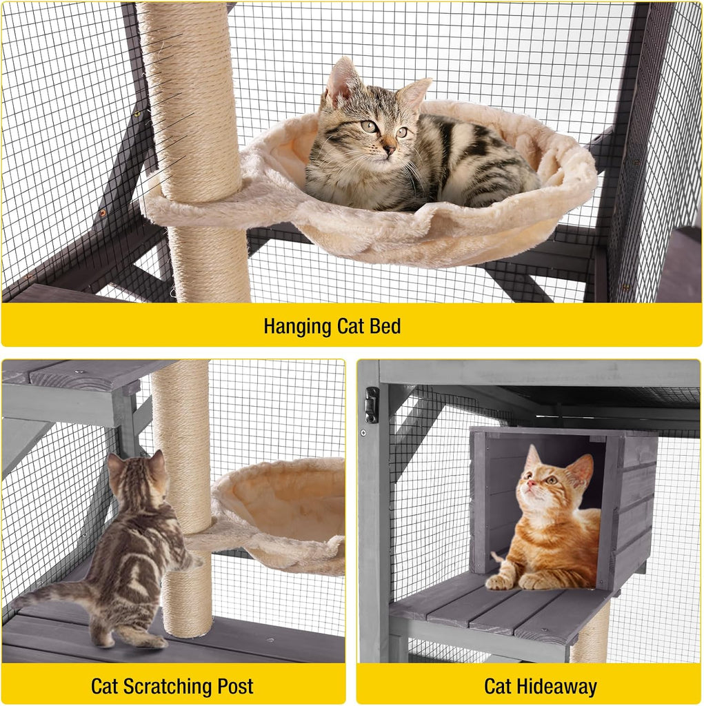 Catio Outdoor Cat Enclosure Wooden Cat Cage with Window Access Large Kitty House on Wheels 62.4'' Indoor Patio