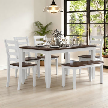 6-Piece Farmhouse Dining Table Set for 6-7, Solid Wood Kitchen Table Set with Bench and Chairs, Rustic Table and