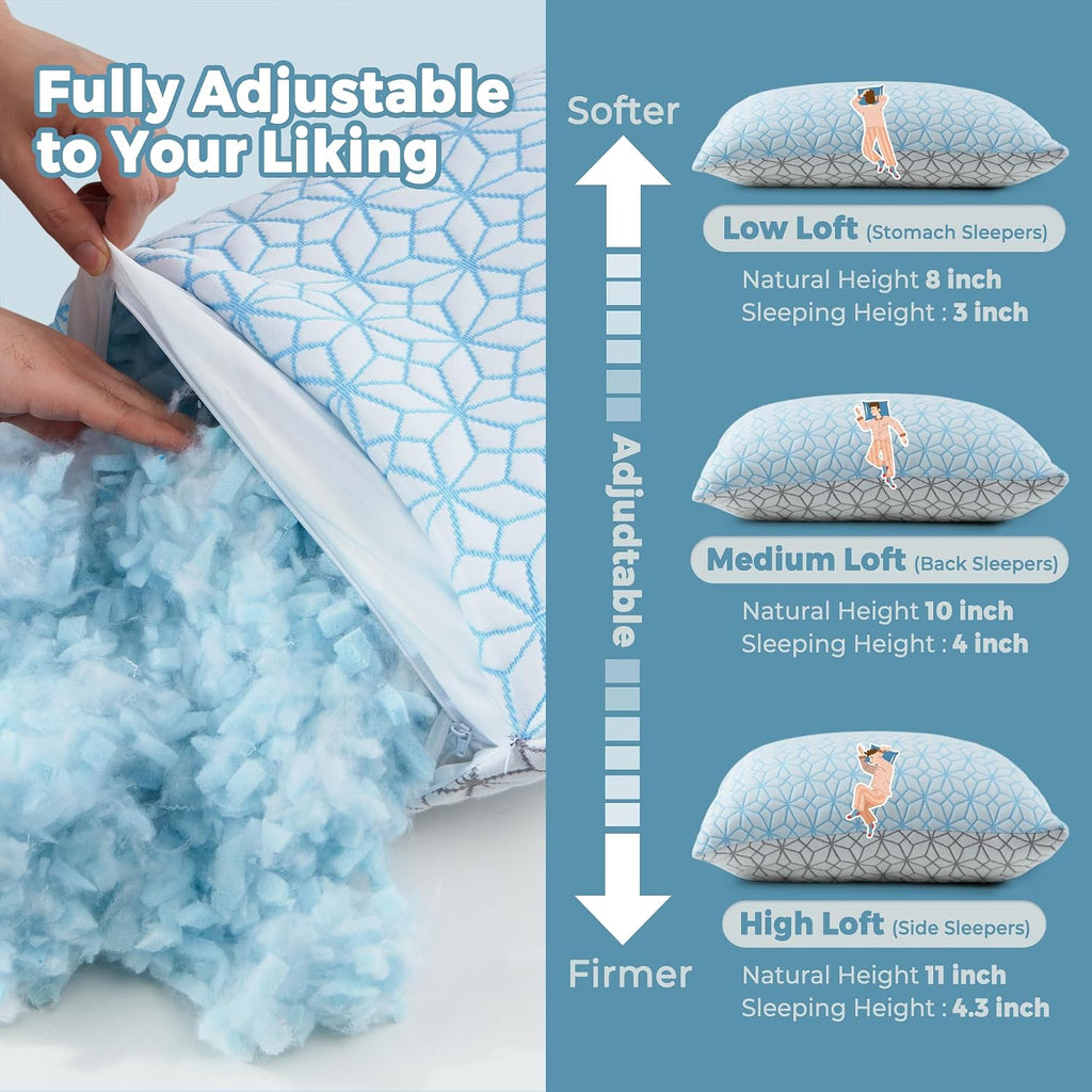 King Size Pillows Set of 2 Shredded Memory Foam Pillows 2 Pack, Adjustable Cooling Pillow for Side Sleepers, Back