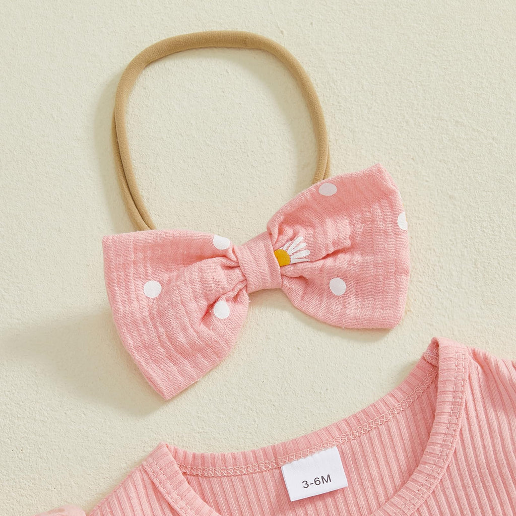 She is Here Newborn Outfit Baby Girl Clothes 0 3 6 9 12 Ruffle Sleeve Romper Headband Shorts Set (Pink, 3-6