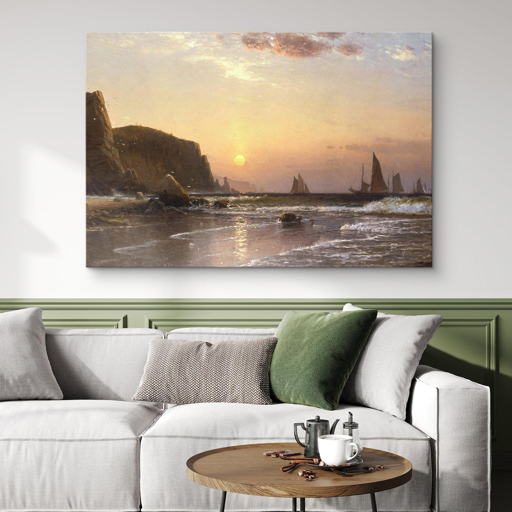 Canvas Print Wall Art Serene Sunset Seascape with Sailing Ships Classic Maritime Illustrations Modern Art Glam Pastel