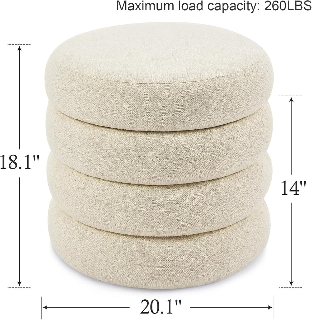 19.5" Storage Ottoman Round, Vanity Stools , Linen Pouf Ottoman with Removable Lid, Modern Ottoman Stool for Girls