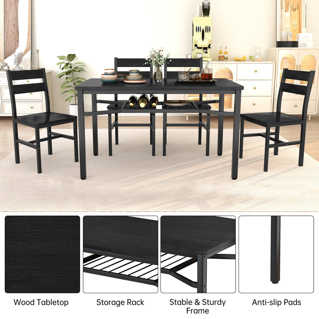 Dining Table Set for 4, Wood Kitchen Table Chairs Set with Storage, Farmhouse 5 Piece Dining Room Table Set