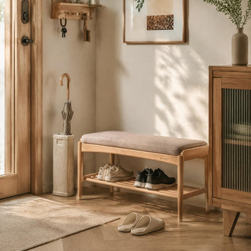 Oak Wood Shoe Bench, 40 Inch Entryway Bench with Gray Cushion