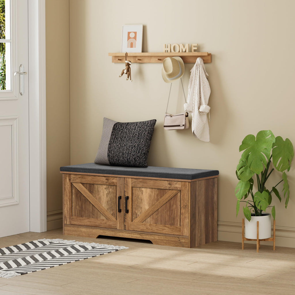 Farmhouse Shoe Storage Bench with 2 Barn Doors & Padded Seat Cushion