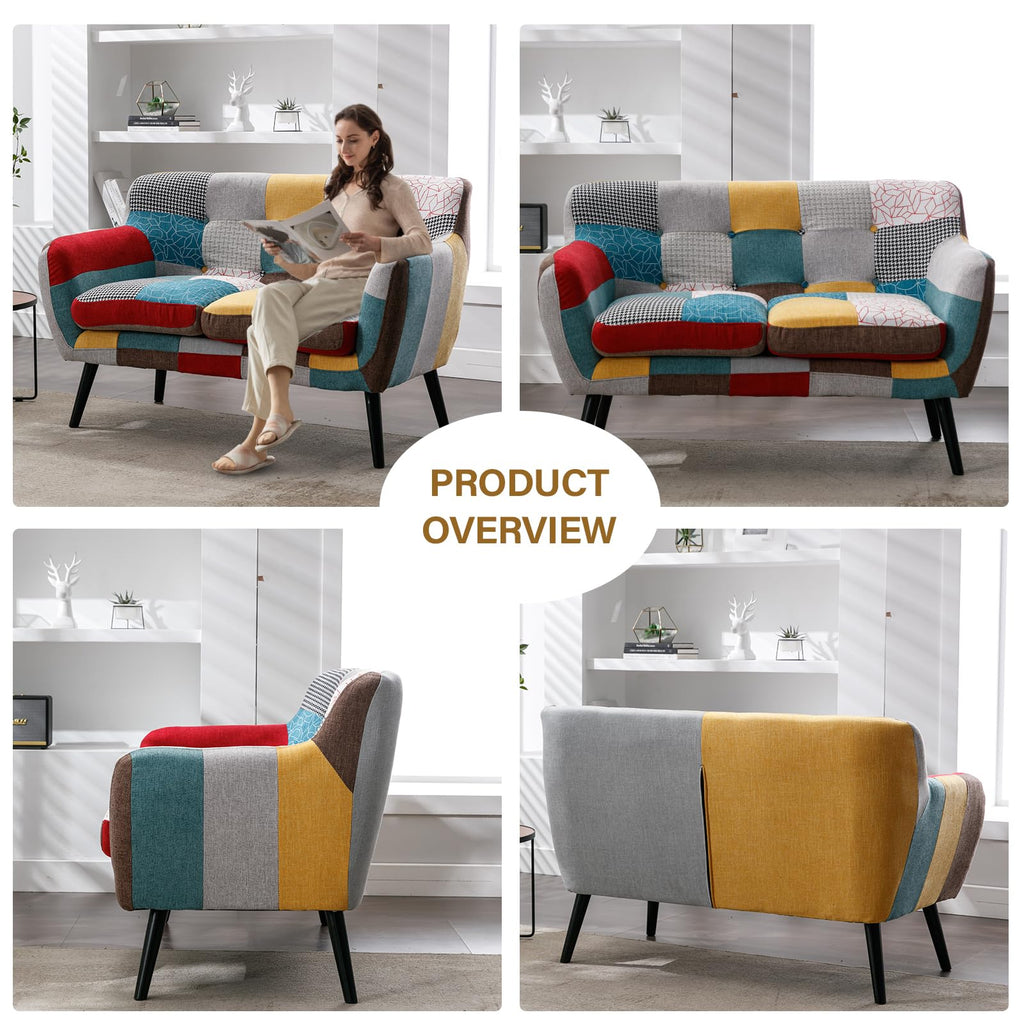 Modern Boho Loveseat Couch Sofa Chair Bedroom, Upholstered Colorful Plaid Fabric 2-Seat Love Seat Sofa with Wood Leg