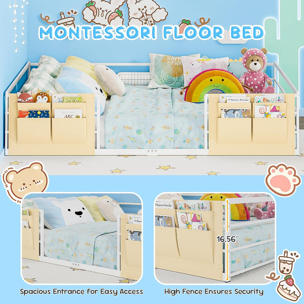 Floor Bed for Kids with Safety Guardrails and Bedside Caddy