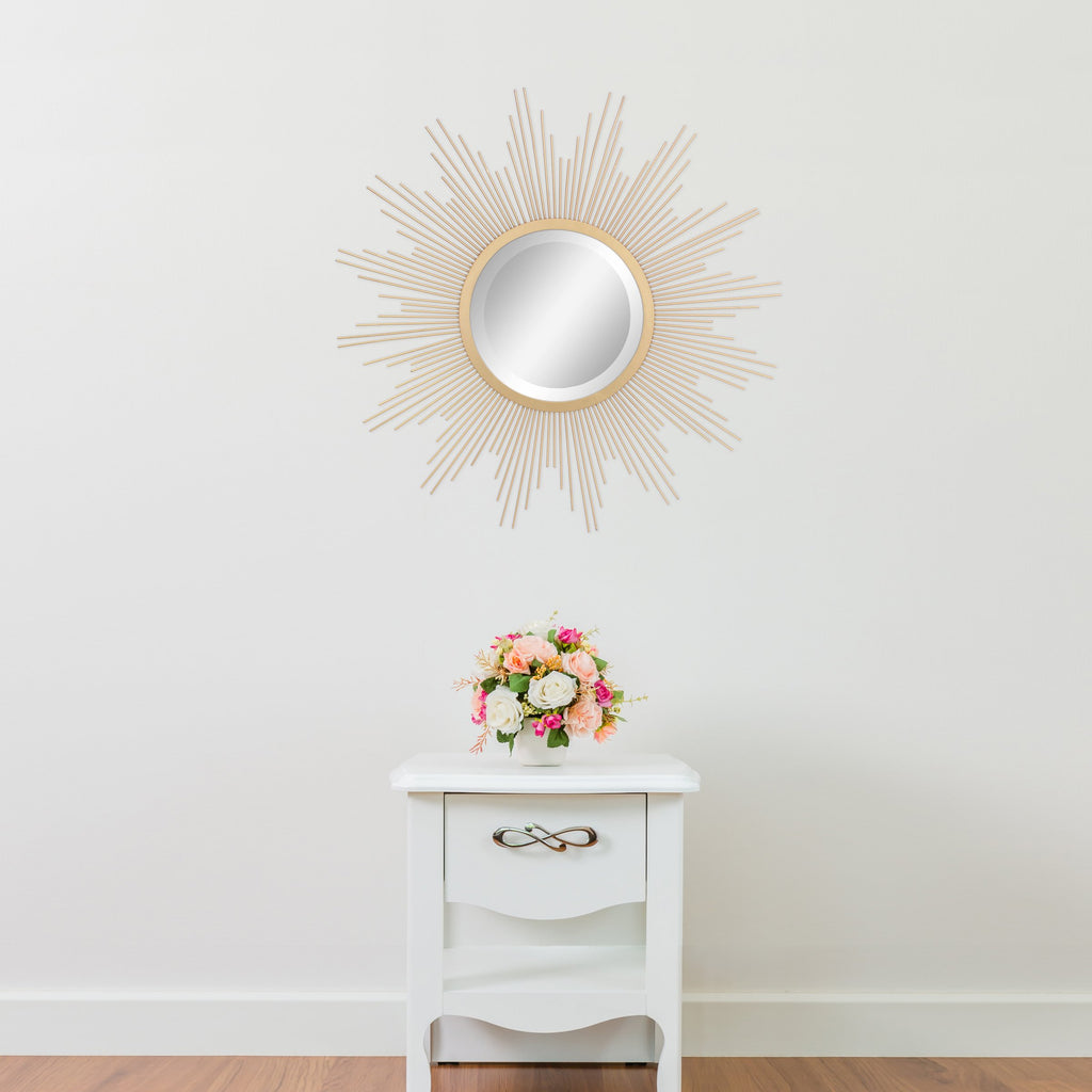 Round 23" Antique Gold Metal Starburst Hanging Wall Mirror with Attached Mounting Bracket, Decorative Decor for the