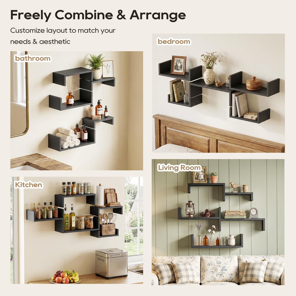 Black Floating Shelves, Set of 5 Solid Wood Wall Mounted Shelves