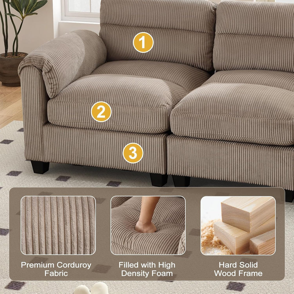 115" Modular Sectional Sofa Couch with Movable Ottoman, Oversized Corduroy U Shaped Sectional Couches with Rolled