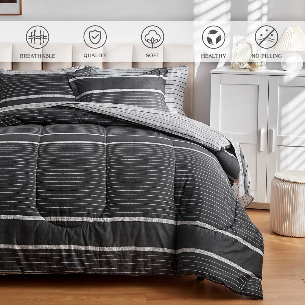 3 Pcs Boho Striped Comforter Set Full Full/Queen Size, White Striped on Black Dark Grey Soft Microfiber Reversible