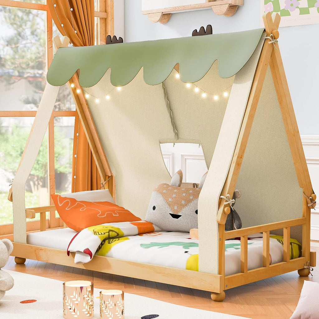Twin Size House Bed with Tent & Light, Wooden Full Montessori Floor Beds for Kids with Roof, DIY Playhouse, No Box