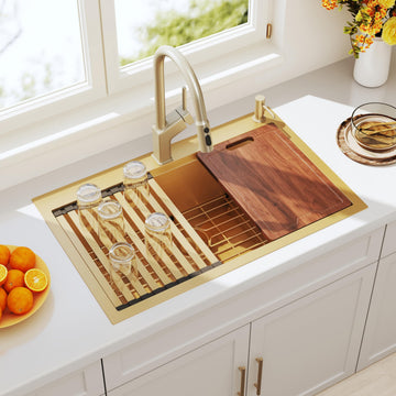 33 Inch Gold Drop In Workstation 33x22 Topmount Kitchen Sink