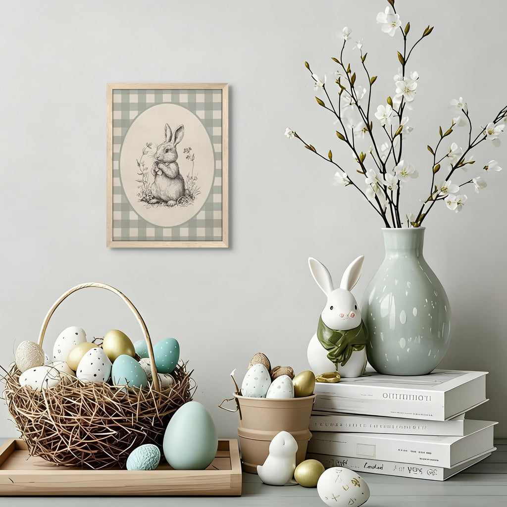 Framed Easter Bunny Wall Art, Cute Rabbit Easter Canvas Print Paintings, Rustic Farmhouse Spring Animal Wall Decor