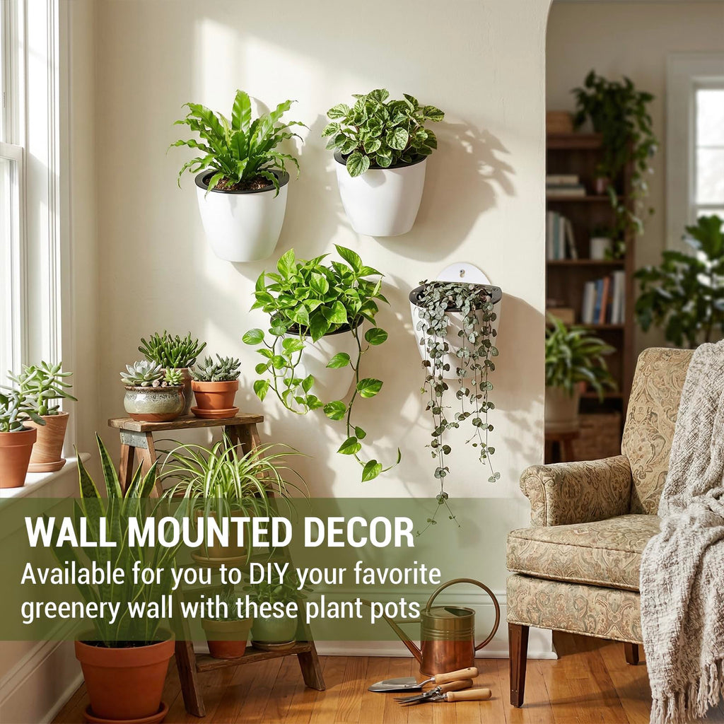 7.5 Inch Wall Planters for Indoor Plants, White Plastic Hanging Self Watering Plant Pots, Flower Cactus Herbs Plant