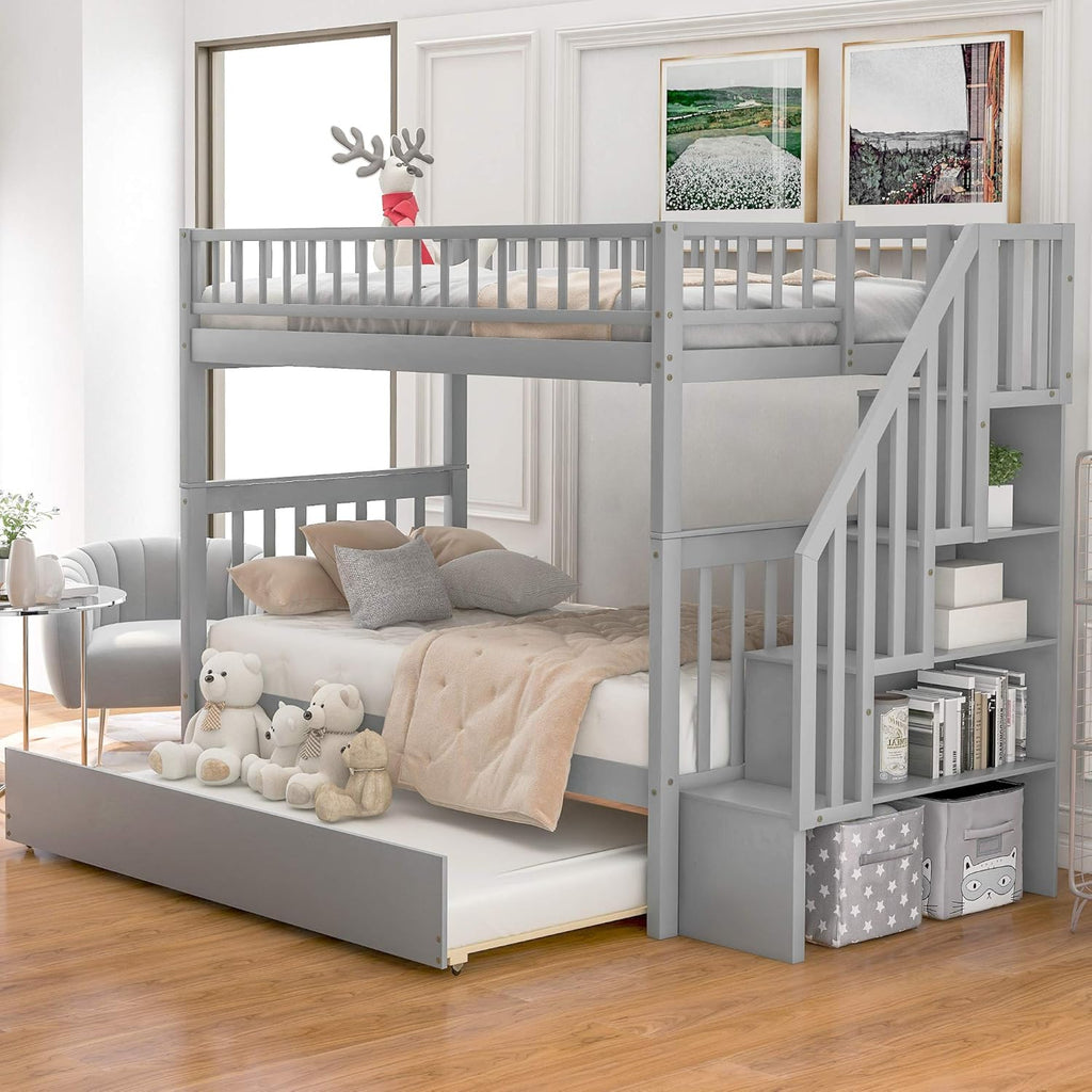 Stairway Bunk Bed Twin Over Twin with Trundle and Shelves,Can be Split into 3 Separate Beds,Wooden Triple Bunk Bed