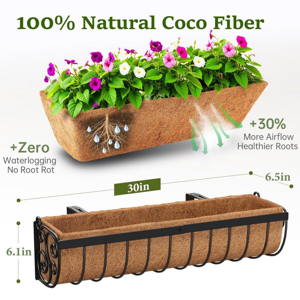 Railing Planter Boxes, 30 Inch Window Boxes Planters, Balcony Planters with Adjustable Brackets & Coco Liner for