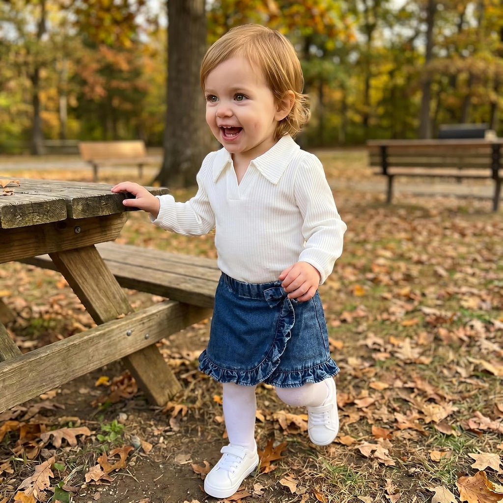 Toddler Baby Girl Fall Outfits Long Sleeve Lapel Collar Ribbed Shirt Tops Ruffle Jean Skirt Set Cute Clothes