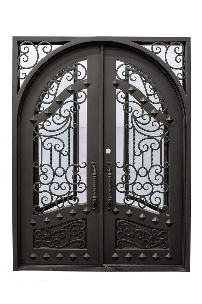Canton Exterior Double Front Entry Door Wrought Iron with Operable Tempered Rain Glass Inside Swing Dark Bronze