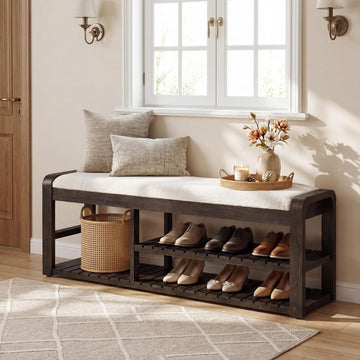 55" Shoe Storage Bench with Removable Cushion, 2-Tier Farmhouse Solid Wood Entryway Shoe Rack, End of Bed Storage