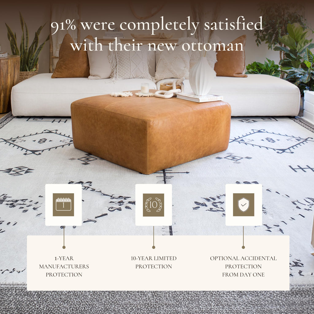 Sequoia Ottoman - 35" Square Pouf with Feather-Down Topper - Full-Grain Leather Upholstered Pouf Ottoman - Vintage