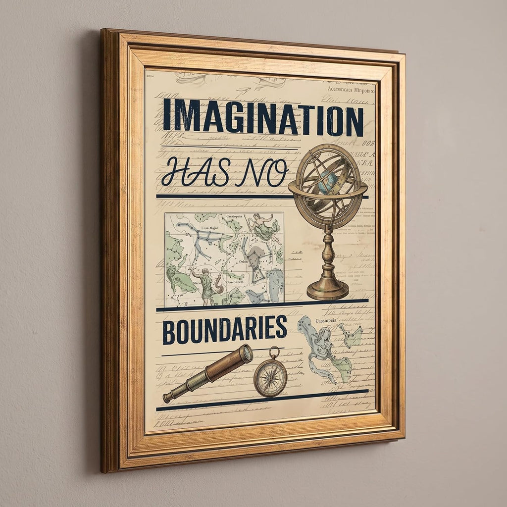 Framed Canvas Wall Art Vintage Celestial Armillary Sphere Cream Parchment Canvas Print Poster Gold Frame Wall Decor