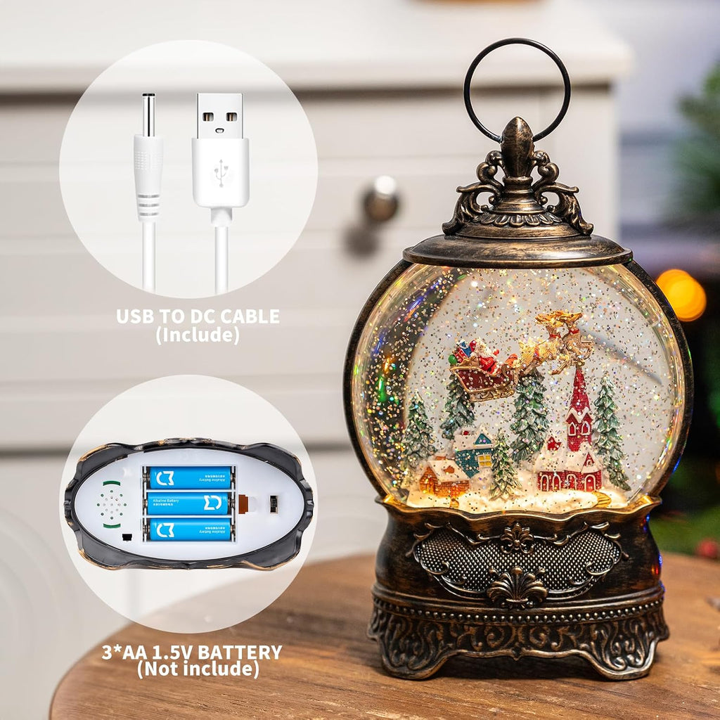 Christmas Village Snow Globe Lighted Flying Santa Scene, Musical Snow Water Lantern Swirling Glittering Home