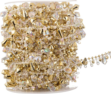 33 Feet Crystal Garland Christmas Clear Iridescent Crystal Bead Rolls and Gold Bead Garland Twist Bead String for