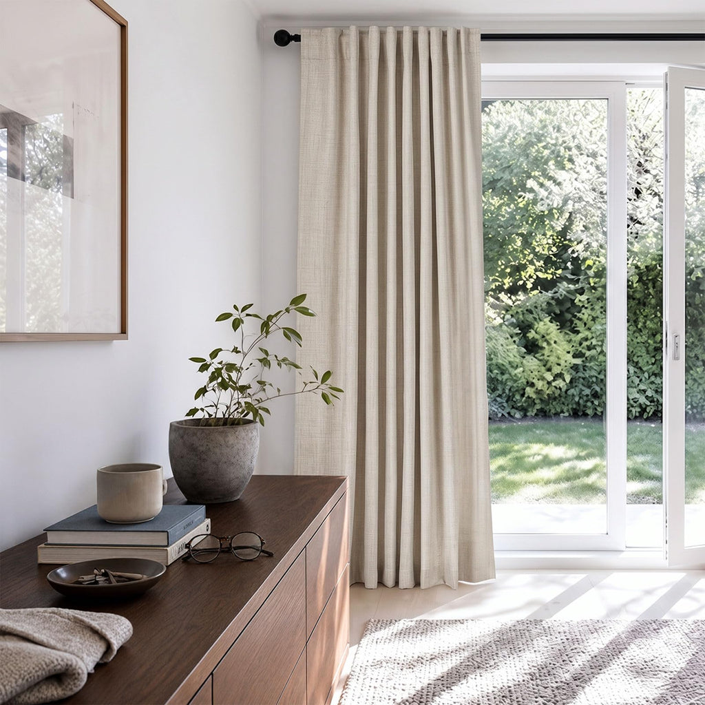 Linen Textured Total Blackout Sliding Door Curtains 84 Inches Long, Cream