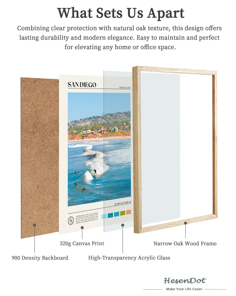 Natural OAK Wood San Diego Surfing Framed Wall Art, 12x16in Natural Seascape Canvas Wall Print, Classic Urban Landmark
