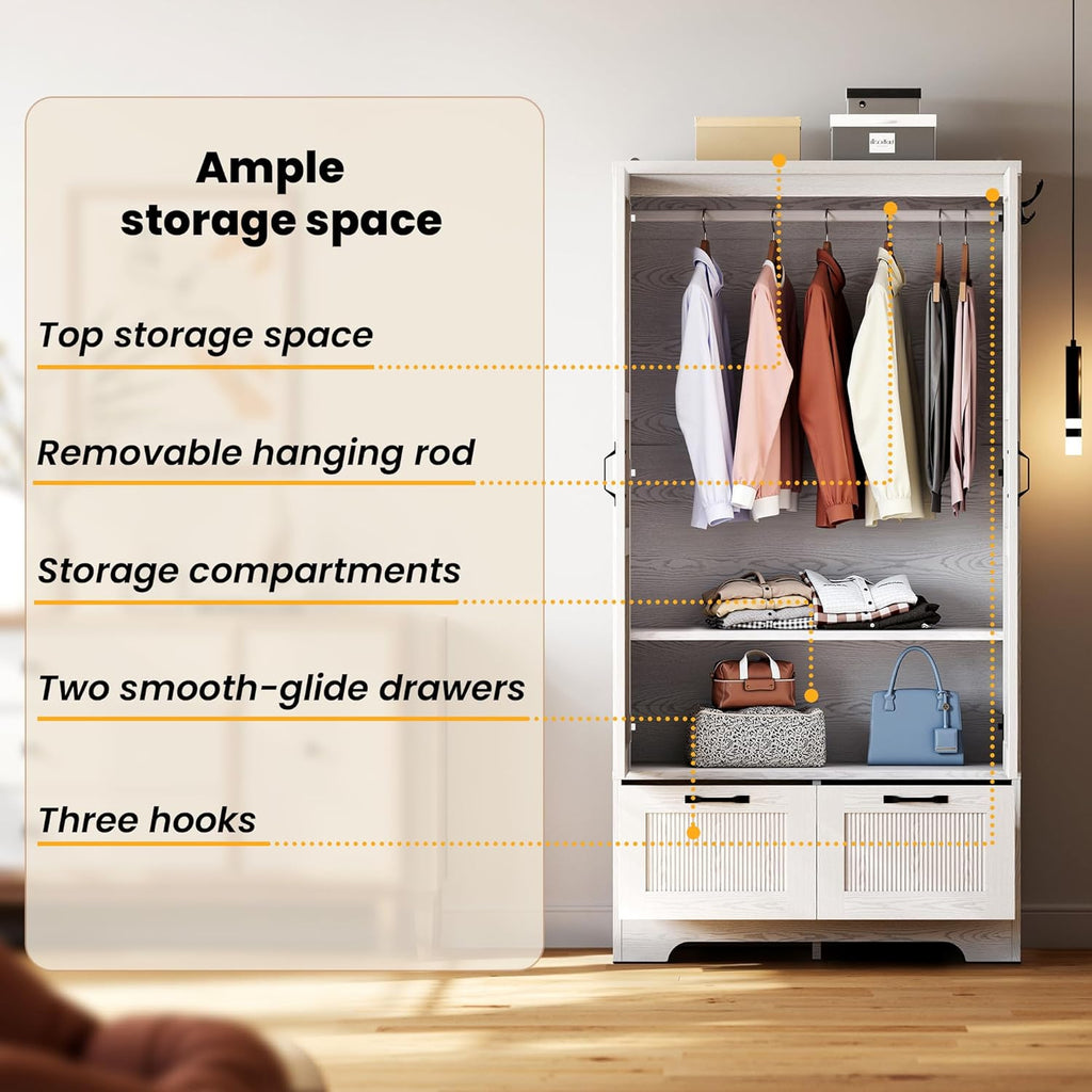 71" Wooden Armoire Wardrobe Closet with 2 Drawers & Hanging Rod | Freestanding Clothing Storage Cabinet with 2 Doors