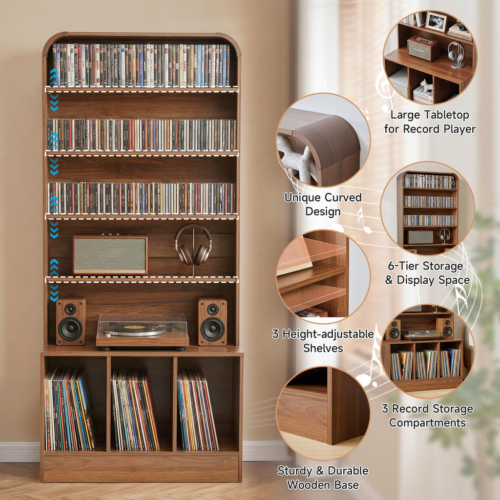 71'' Tall Record Player Stand, 6 Tier Large Vinyl Record Player Cabinet