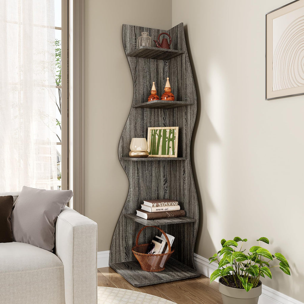 70-Inch Corner Shelf with 5-Tier Shelves, Wall Corner Bookshelf