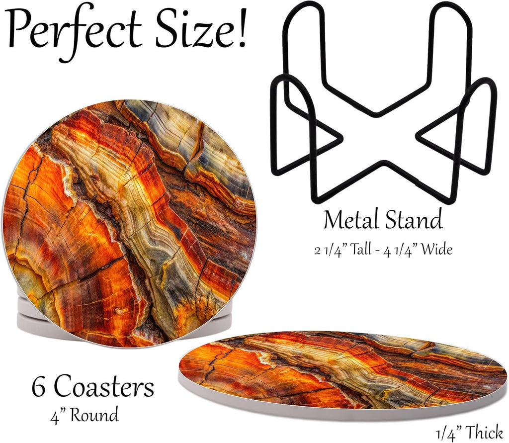 Petrified Wood Agate Round Coasters - Abosrbent Ceramic Coasters with Metal Stand for Drinks, Coffee - Set of 6