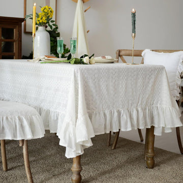 White Cotton Tablecloth Ruffled Lace Embroidered Fabric Tablecloths Rustic French Washable Table Cov