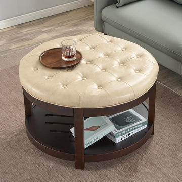 Round Coffee Tables ,33'' Storage Ottoman with Wooden Tray, Upholstered Ottoman Footrest, Ivory