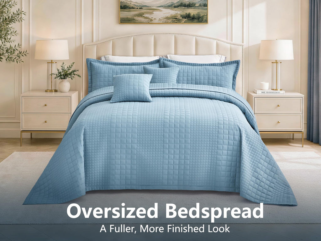 Oversized King Bedspreads 128x120, Grid Stitch, Blue Gray