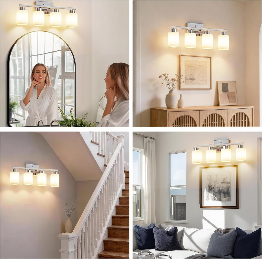 4-Light Brushed Nickel Bathroom Light Fixtures, Modern Vanity Light Over Mirror Lighting, Wall Sconce with Frosted