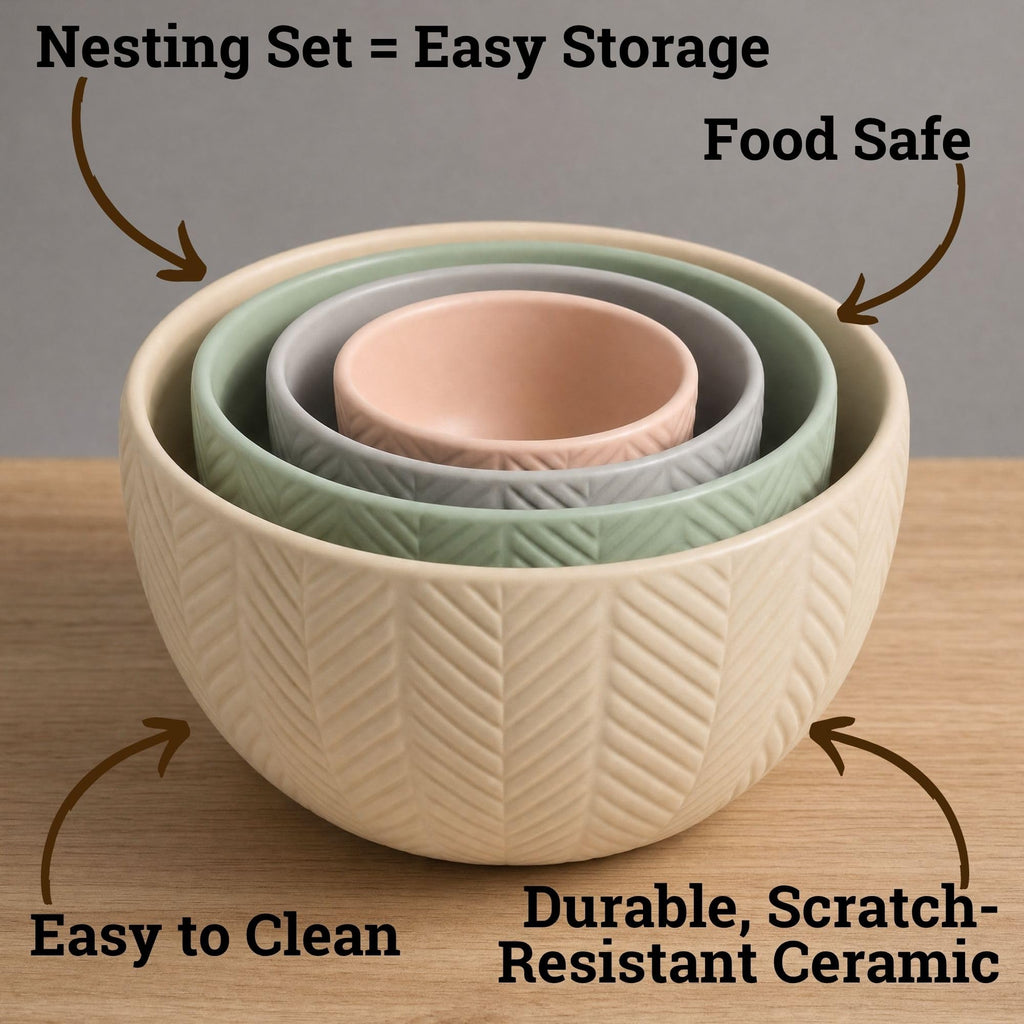 Ceramic Mixing Bowls Set of 4 pcs, Colorful Nesting Bowls 5, 3, 1, 0.5 Qt