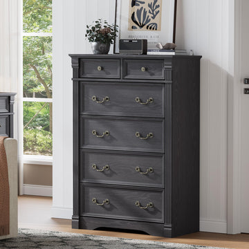 Grey 6 Drawer, 47" Tall, Wood Rustic Chest of Drawers with Chic Wood Pilasters, Dressers Organizer