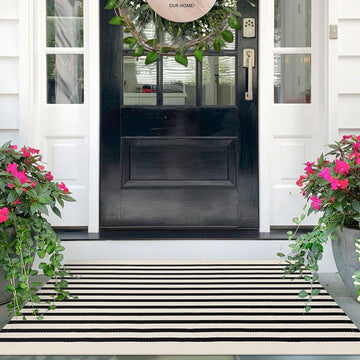 2.3x3.6 Striped Outdoor Door Mat, Washable Porch Rug, Black Beige
