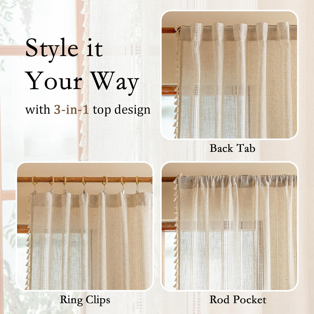 Boho Macrame Curtains 84 Inches Long Semi Sheer Light Filtering Privacy Drapes, Farmhouse Rustic Home Decor