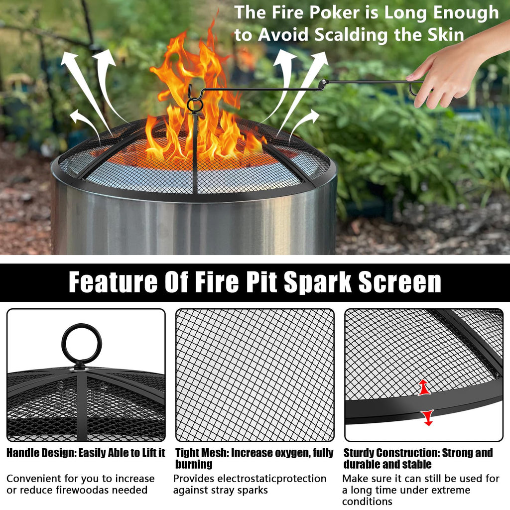 Fire Pit Spark Screen, Fire Pit Screen 40 Inch Round with Handle & Poker