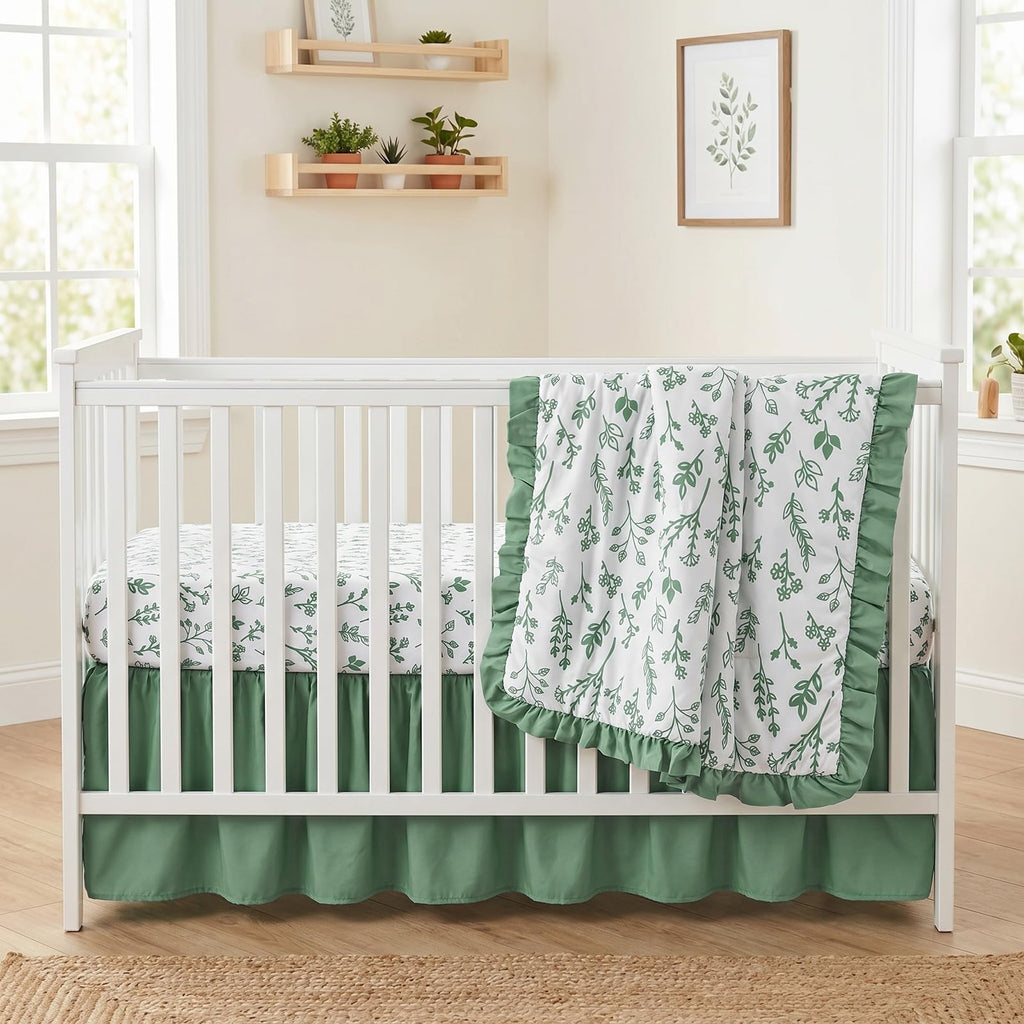 3 Pieces Sage Green Leaf Crib Bedding Set for Girls Boys, Ruffle