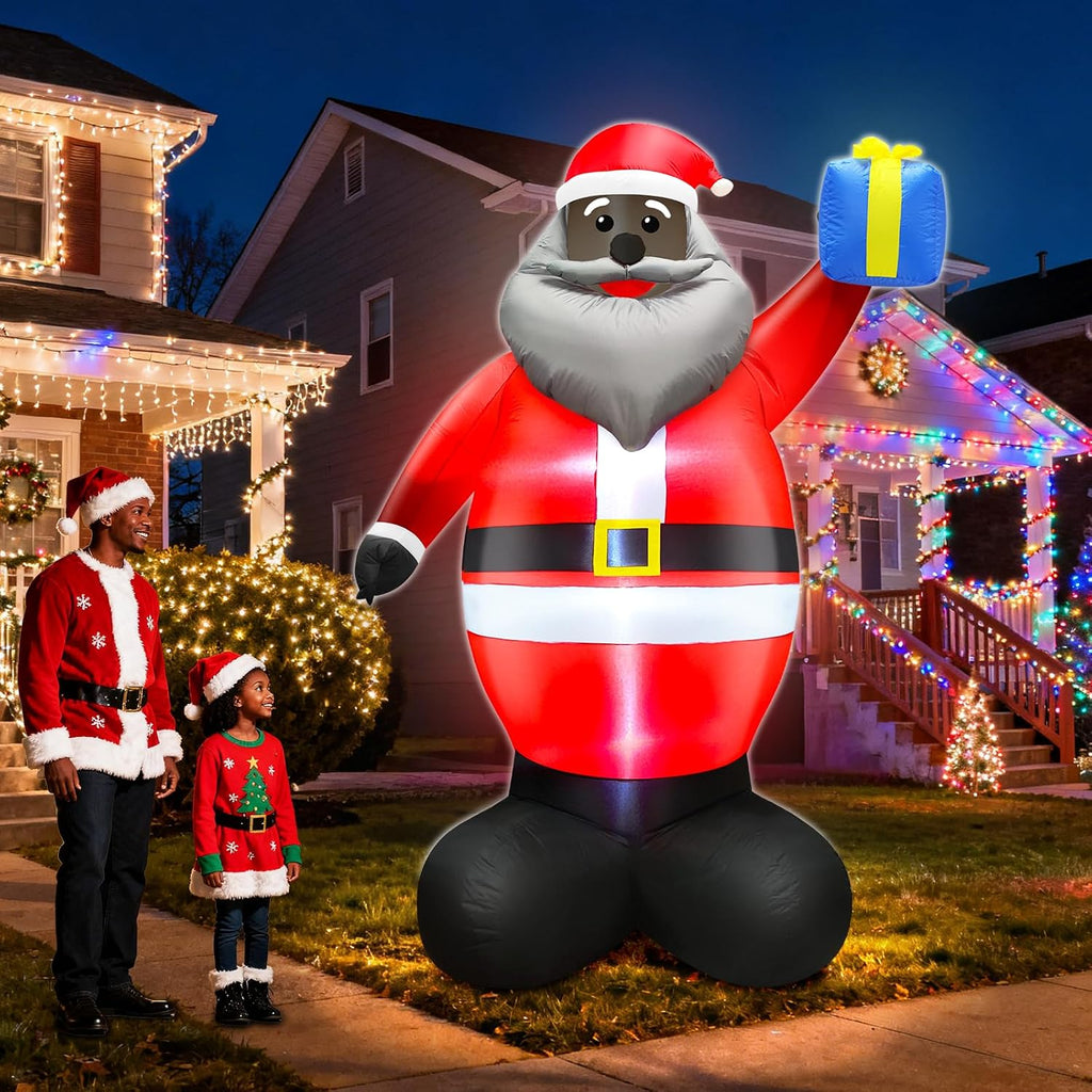 8 Ft Christmas Inflatables Outdoor Decorations Black Santa Claus, African American Santa Holds Gift Box Built in LED