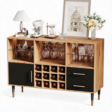 47 Inch Modern Bar Cabinet, Wood Sideboard Buffet with LED Lights, Charging Station, Wine Rack, Drawers & Doors