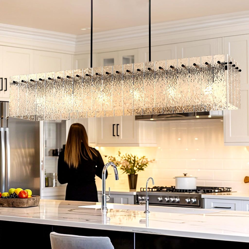 Modern Black Rectangle Chandelier, Black 48" Dining Room Chandelier with Water Ripple Glass, Linear Crystal